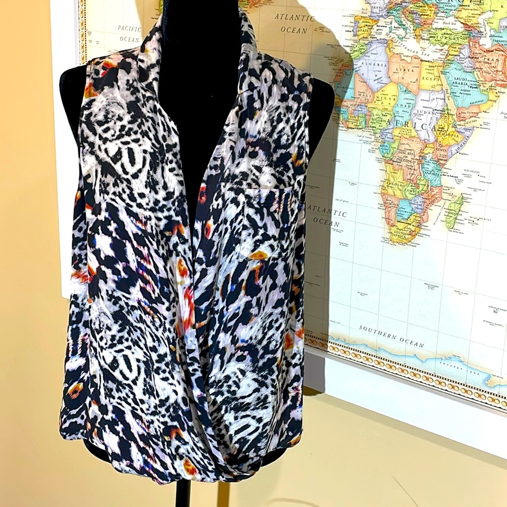 Parker 100% silk faux wrap sleeveless animal print top
